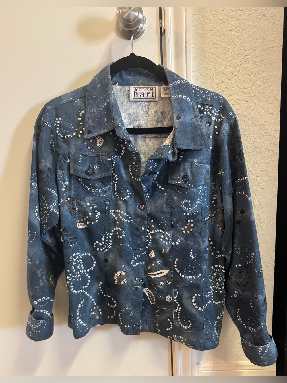 Vintage Keren Hart Blue Paisley Collard Button Up Denim Jacket